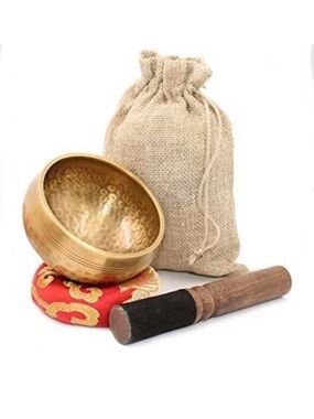 NWT Tibetan Singing Meditation Gold Metal Bowl Wood Mallet Red Cushion & Bag Set